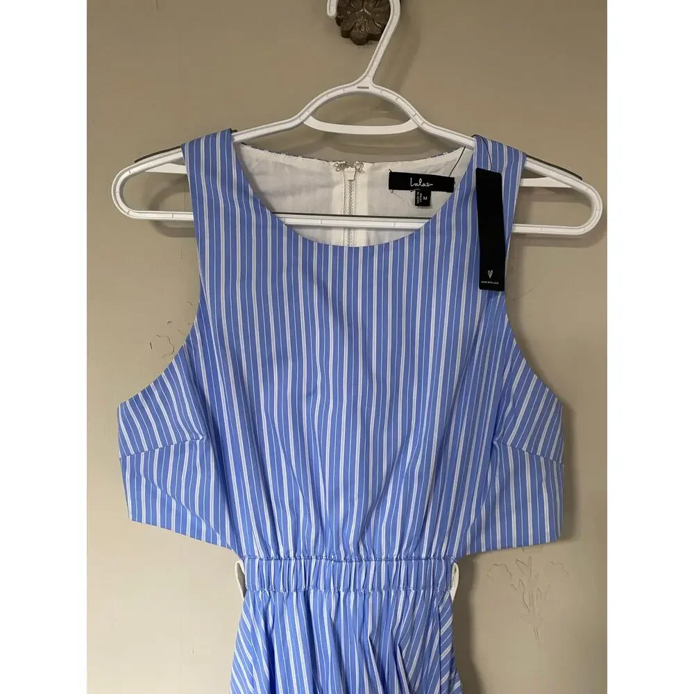 NWT Lulus Preppy Blue White Pinstripe Tank Cut Away Midi Maxi Length Dress Med - Picture 2 of 9
